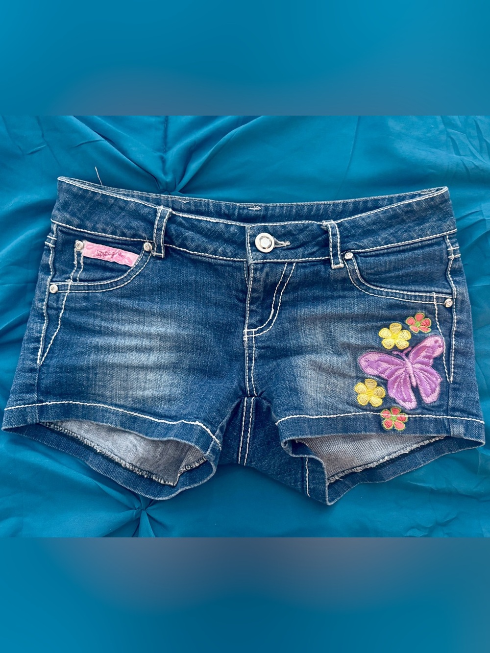 Lipstick Girls Blue Denim Shorts with Floral Embroidery